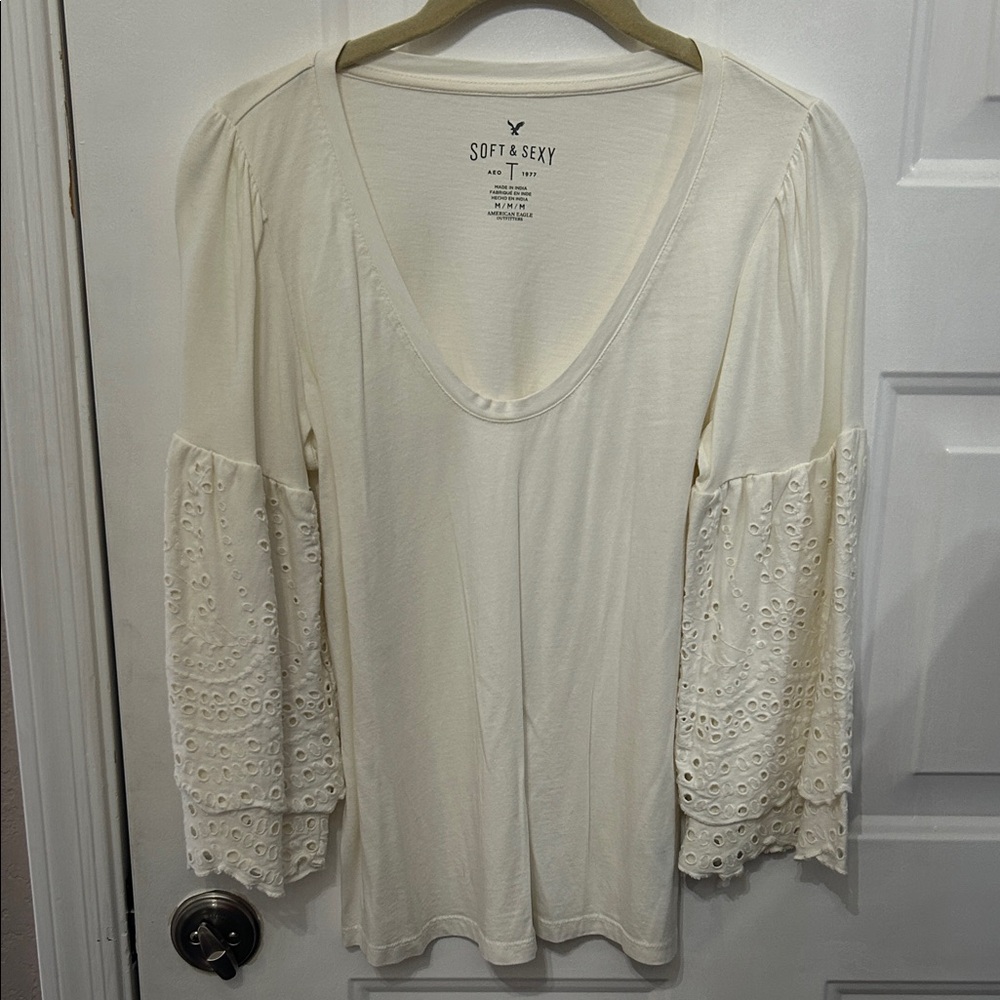 Two American Eagle Cream & Mauve Soft and Sexy Eyelet Sleeved Tops